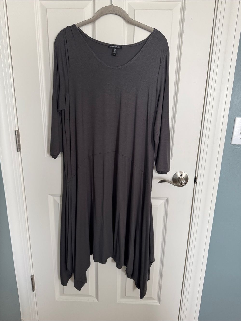 Eileen Fisher Gray Boat Neck Handkerchief Hem Dress